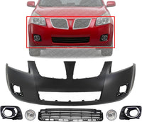 Front Bumper Cover Primed Plastic + Lower Center Grille + Fog Lights + Trim Left Driver & Right Passenger Side Replacement Compatible With 2009-2010 Pontiac Vibe