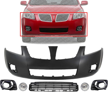 Front Bumper Cover Primed Plastic + Lower Center Grille + Fog Lights + Trim Left Driver & Right Passenger Side Replacement Compatible With 2009-2010 Pontiac Vibe