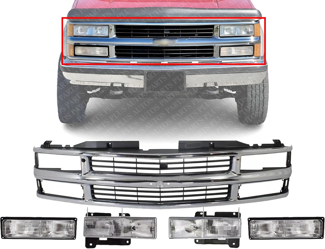 Front Grill Chrome Shell And Insert + Headlights + Signal Lamps Left Driver & Right Passenger Side Direct Replacement Compatible With 1994-2000 Chevrolet C/K Series GM1200238