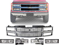 Front Grill Chrome Shell And Insert + Headlights + Signal Lamps Left Driver & Right Passenger Side Direct Replacement Compatible With 1994-2000 Chevrolet C/K Series GM1200238
