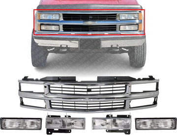 Front Grill Chrome Shell And Insert + Headlights + Signal Lamps Left Driver & Right Passenger Side Direct Replacement Compatible With 1994-2000 Chevrolet C/K Series GM1200238