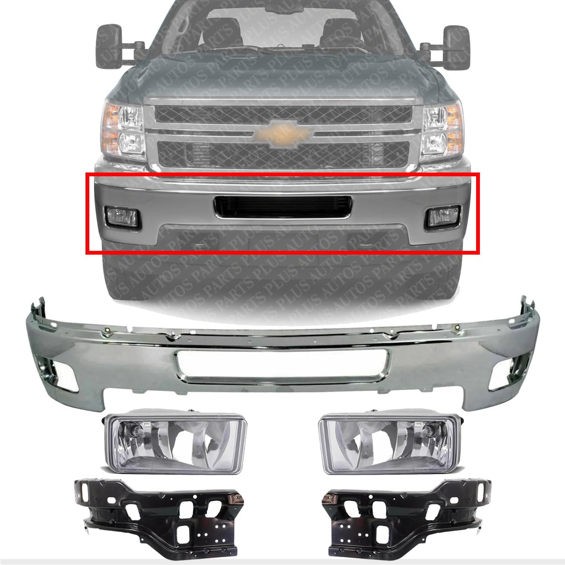 Front Bumper Chrome + Fog Lights Assembly + Impact Brackets Left Driver & Right passenger Side Direct Replacement Compatible With 2011-2014 Chevrolet Silverado 2500HD 3500HD GM1002837