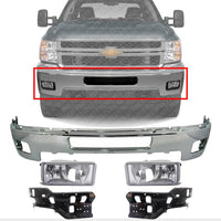 Front Bumper Chrome + Fog Lights Assembly + Impact Brackets Left Driver & Right passenger Side Direct Replacement Compatible With 2011-2014 Chevrolet Silverado 2500HD 3500HD GM1002837