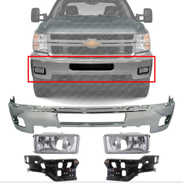Front Bumper Chrome + Fog Lights Assembly + Impact Brackets Left Driver & Right passenger Side Direct Replacement Compatible With 2011-2014 Chevrolet Silverado 2500HD 3500HD GM1002837