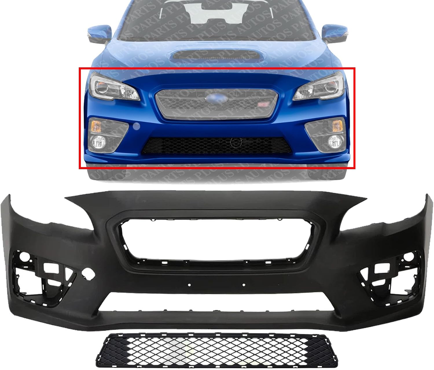 Front Bumper Cover Primed Plastic + Lower Center Grille Direct Replacement Compatible With 2015-2017 Subaru WRX