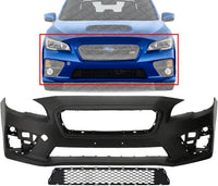 Front Bumper Cover Primed Plastic + Lower Center Grille Direct Replacement Compatible With 2015-2017 Subaru WRX