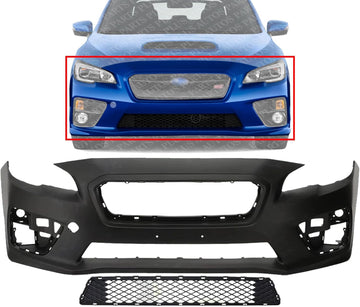 Front Bumper Cover Primed Plastic + Lower Center Grille Direct Replacement Compatible With 2015-2017 Subaru WRX