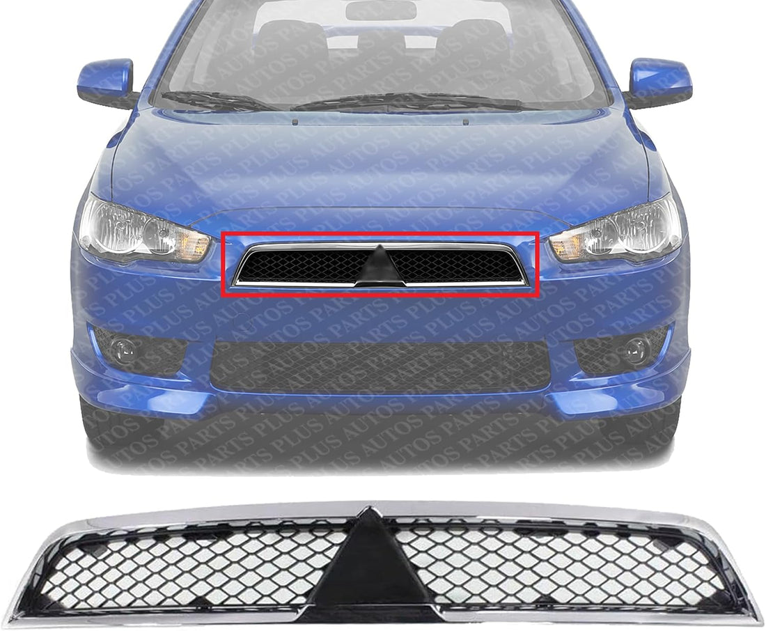 Front Grille Assembly Chrome Shell With Primed Insert Plastic Direct Replacement Compatible With 2008-2015 Mitsubishi Lancer MI1200255 7450A093