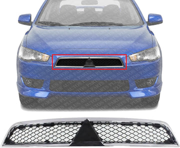 Front Grille Assembly Chrome Shell With Primed Insert Plastic Direct Replacement Compatible With 2008-2015 Mitsubishi Lancer MI1200255 7450A093