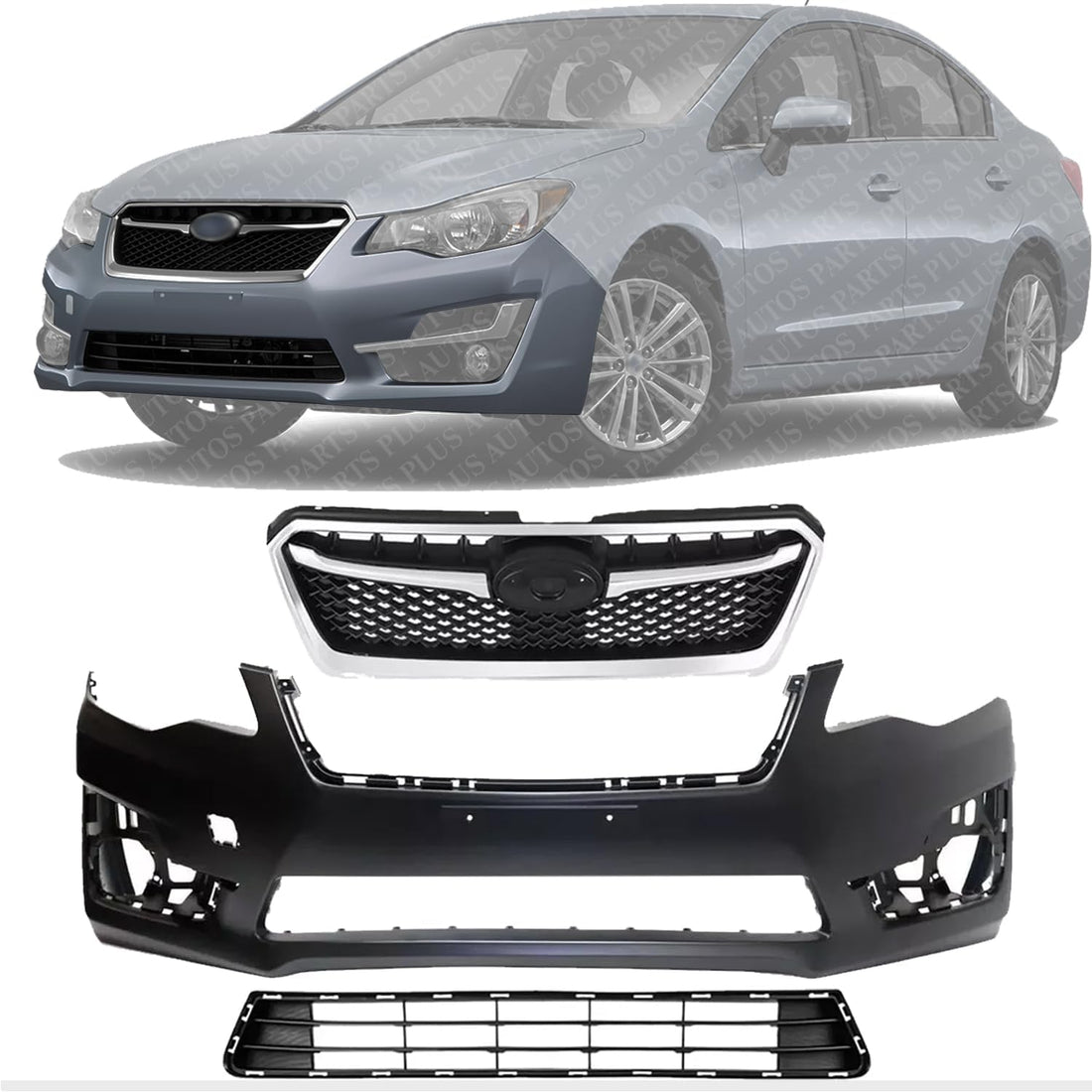 Front Bumper Cover Primed + Lower & Upper Grilles Textured Black Shell and Insert with Chrome Moldings Direct Replacement Compatible with 2015-2016 Subaru Impreza