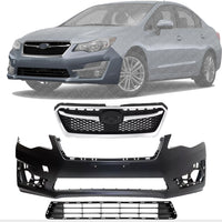 Front Bumper Cover Primed + Lower & Upper Grilles Textured Black Shell and Insert with Chrome Moldings Direct Replacement Compatible with 2015-2016 Subaru Impreza
