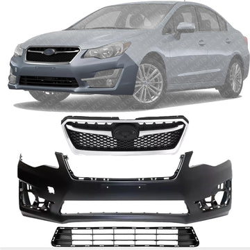 Front Bumper Cover Primed + Lower & Upper Grilles Textured Black Shell and Insert with Chrome Moldings Direct Replacement Compatible with 2015-2016 Subaru Impreza