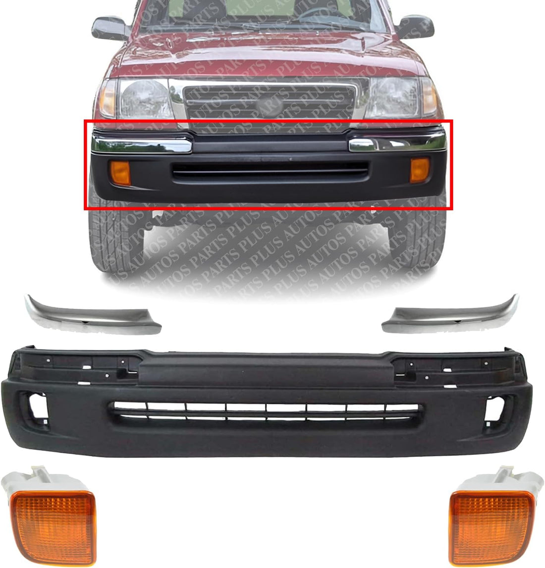 AUTOS PARTS PLUS Front Bumper Cover Textured + End Caps Chrome Trim + Signal Light Left Driver & Right Passenger Side Direct Replacement Compatible With 1998-2000 Toyota Tacoma TO1095189 TO1004165
