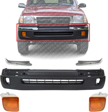 AUTOS PARTS PLUS Front Bumper Cover Textured + End Caps Chrome Trim + Signal Light Left Driver & Right Passenger Side Direct Replacement Compatible With 1998-2000 Toyota Tacoma TO1095189 TO1004165