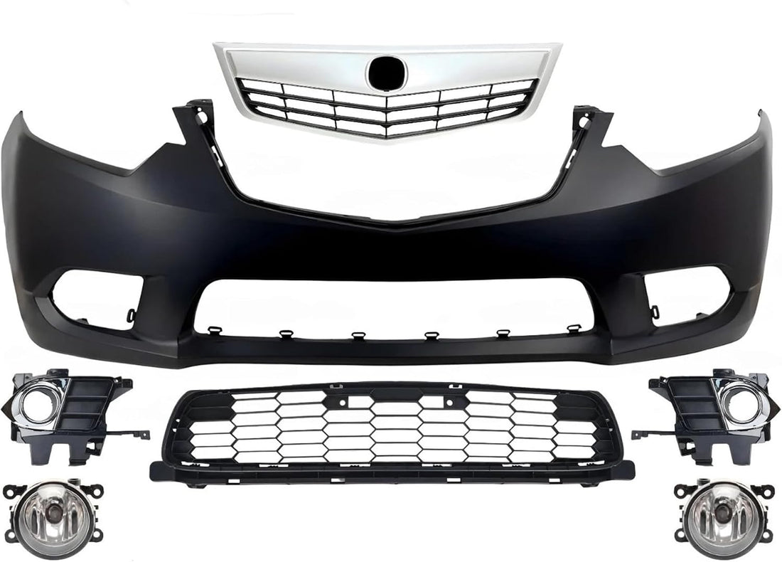 Front Bumper Cover Primed Plastic + Upper & Lower Grille + Fog Light + Trim & Molding Left Driver & Right Passenger Side Direct Replacement Compatible With 2011-2014 Acura TSX