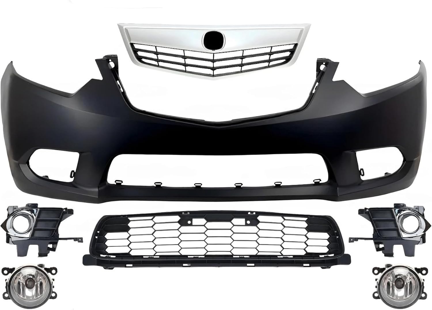 Front Bumper Cover Primed Plastic + Upper & Lower Grille + Fog Light + Trim & Molding Left Driver & Right Passenger Side Direct Replacement Compatible With 2011-2014 Acura TSX