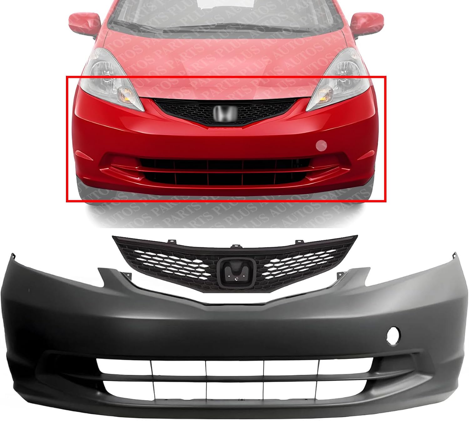 Front Bumper Cover Primed Plastic + Grille Textured Direct Replacement Compatible With 2009-2014 Honda Fit