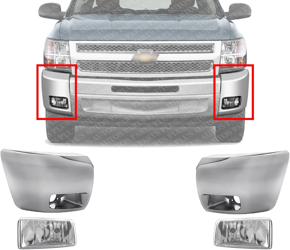 Front Bumper End Caps Chrome With Fog Lights Assembly Plastic Left Driver & Right Passenger Side Direct Replacement Compatible With 2007-2013 Chevrolet Silverado 1500