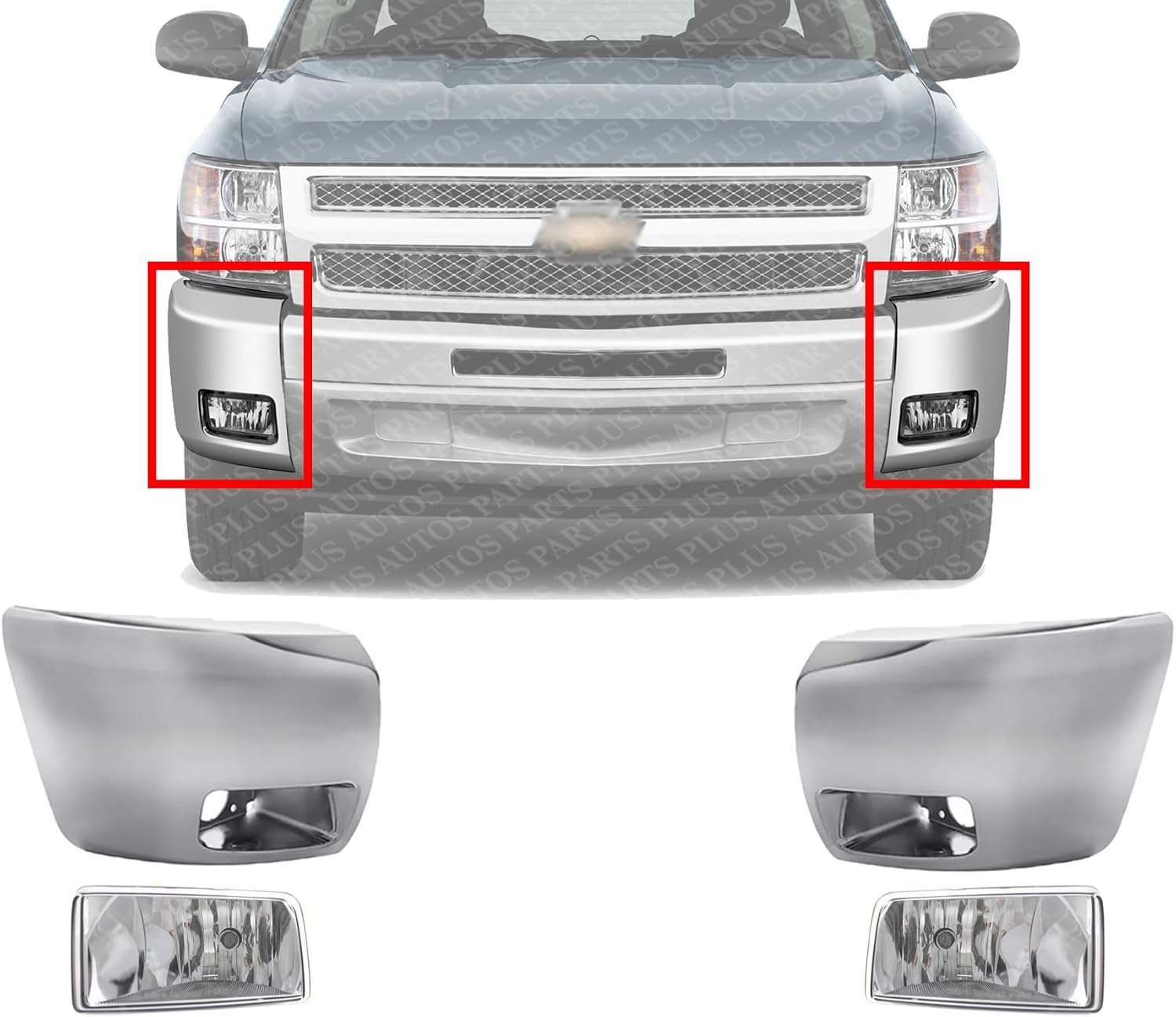 Front Bumper End Caps Chrome With Fog Lights Assembly Plastic Left Driver & Right Passenger Side Direct Replacement Compatible With 2007-2013 Chevrolet Silverado 1500