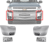 Front Bumper End Caps Chrome With Fog Lights Assembly Plastic Left Driver & Right Passenger Side Direct Replacement Compatible With 2007-2013 Chevrolet Silverado 1500