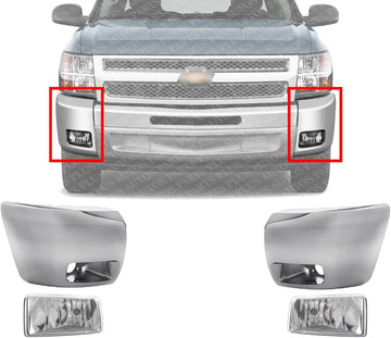 Front Bumper End Caps Chrome With Fog Lights Assembly Plastic Left Driver & Right Passenger Side Direct Replacement Compatible With 2007-2013 Chevrolet Silverado 1500