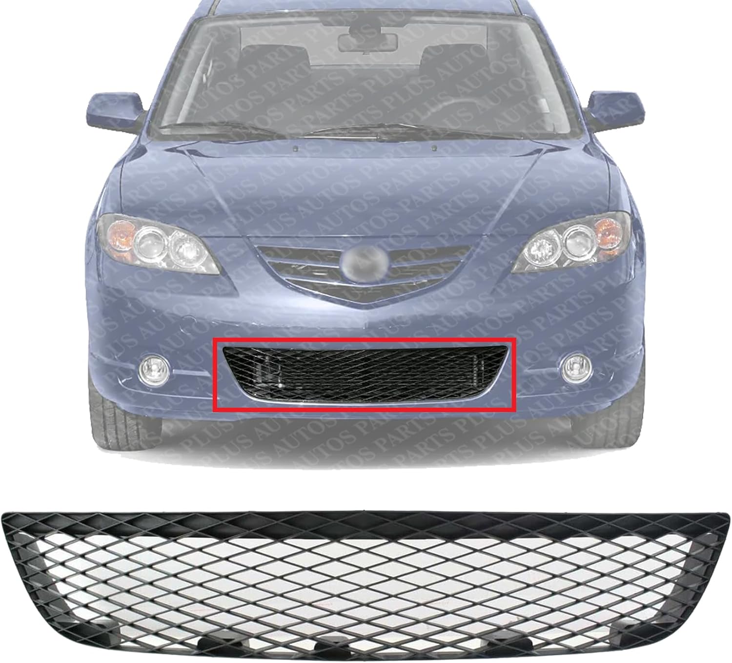 Front Bumper Grille Primed Plastic Direct Replacement Compatible With 2004-2006 Mazda 3 MA1036103 BN9C501T1A