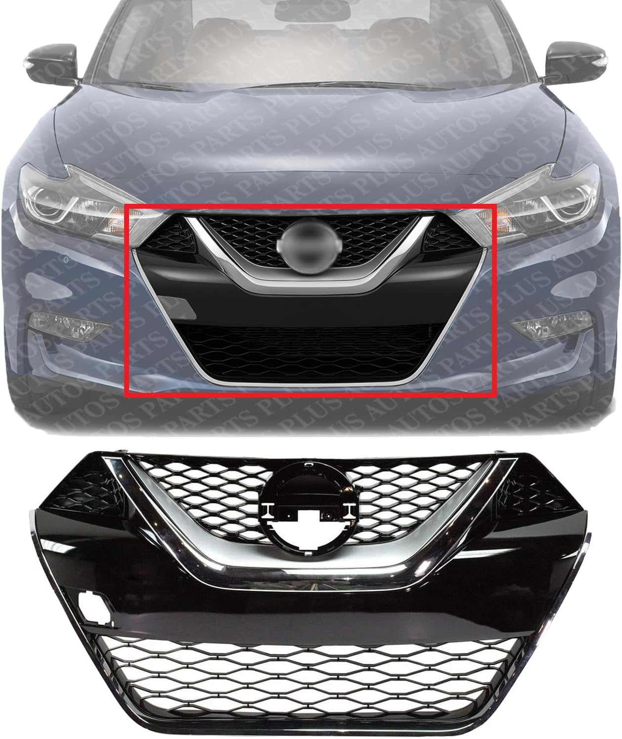 Front Grille Primed With Chrome And Silver Molding Direct Replacement Compatible With 2016-2017 Nissan Maxima NI1200284 623104RA0A