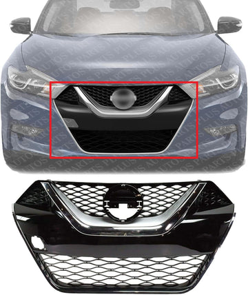 Front Grille Primed With Chrome And Silver Molding Direct Replacement Compatible With 2016-2017 Nissan Maxima NI1200284 623104RA0A