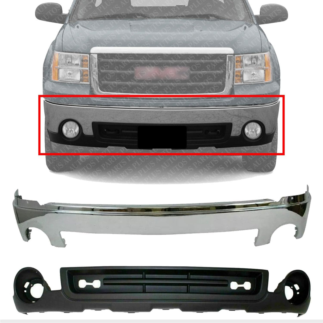 AUTOS PARTS PLUS Front Bumper Face Bar Chrome Steel + Lower Valance Air Deflector Textured with Fog Light Holes Direct Replacement Compatible With GMC Sierra 1500 2007-2013 GM1015100 GM1002833