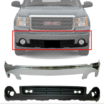 AUTOS PARTS PLUS Front Bumper Face Bar Chrome Steel + Lower Valance Air Deflector Textured with Fog Light Holes Direct Replacement Compatible With GMC Sierra 1500 2007-2013 GM1015100 GM1002833