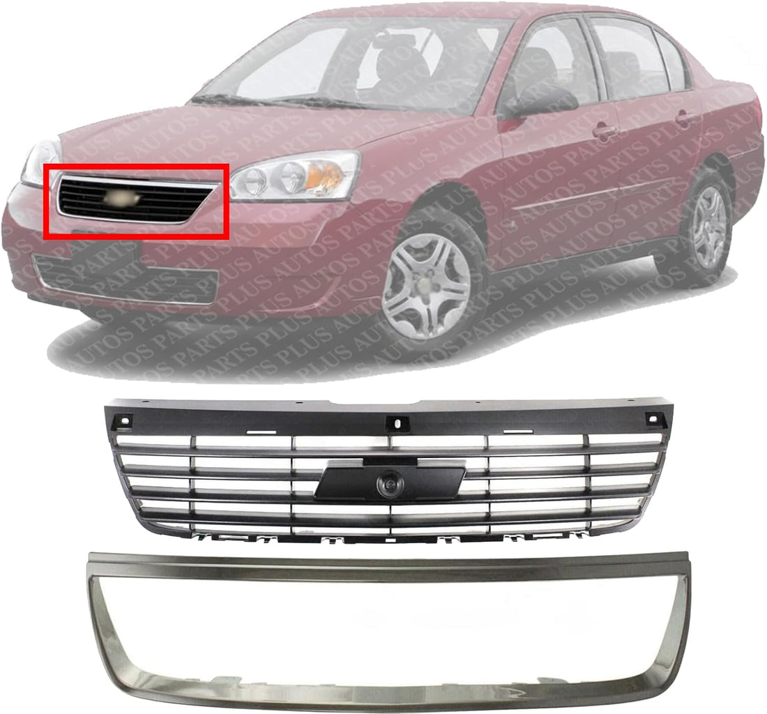 Front Bumper Upper Grille Shell And Insert & Molding Chrome Plastic Direct Replacement Compatible With 2006-2008 Chevrolet Malibu GM1200558 GM1210110 15266336 15853884