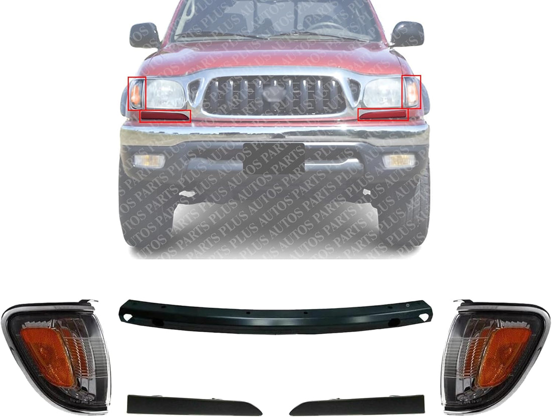 Front Reinforcement Steel + Filler Primed + Corner Lights Assembly Left Driver & Right Passenger Side Direct Replacement Compatible With 2001-2004 Toyota Tacoma TO1089108 TO1088108