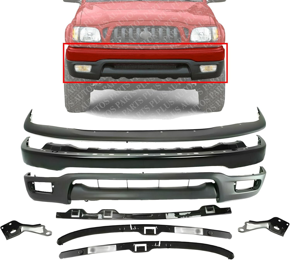 Front Bumper Primed Steel + Upper Filler + Lower Valance + Brackets & Retainer Center + Left Driver & Right Passenger Side Direct Replacement Compatible With 2001-2004 Toyota Tacoma