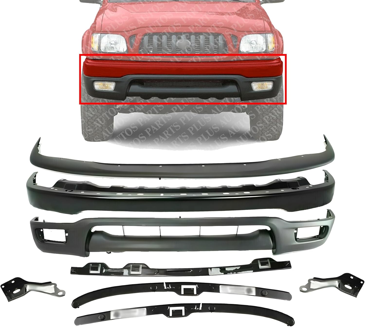 Front Bumper Primed Steel + Upper Filler + Lower Valance + Brackets & Retainer Center + Left Driver & Right Passenger Side Direct Replacement Compatible With 2001-2004 Toyota Tacoma