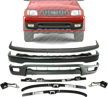 Front Bumper Primed Steel + Upper Filler + Lower Valance + Brackets & Retainer Center + Left Driver & Right Passenger Side Direct Replacement Compatible With 2001-2004 Toyota Tacoma