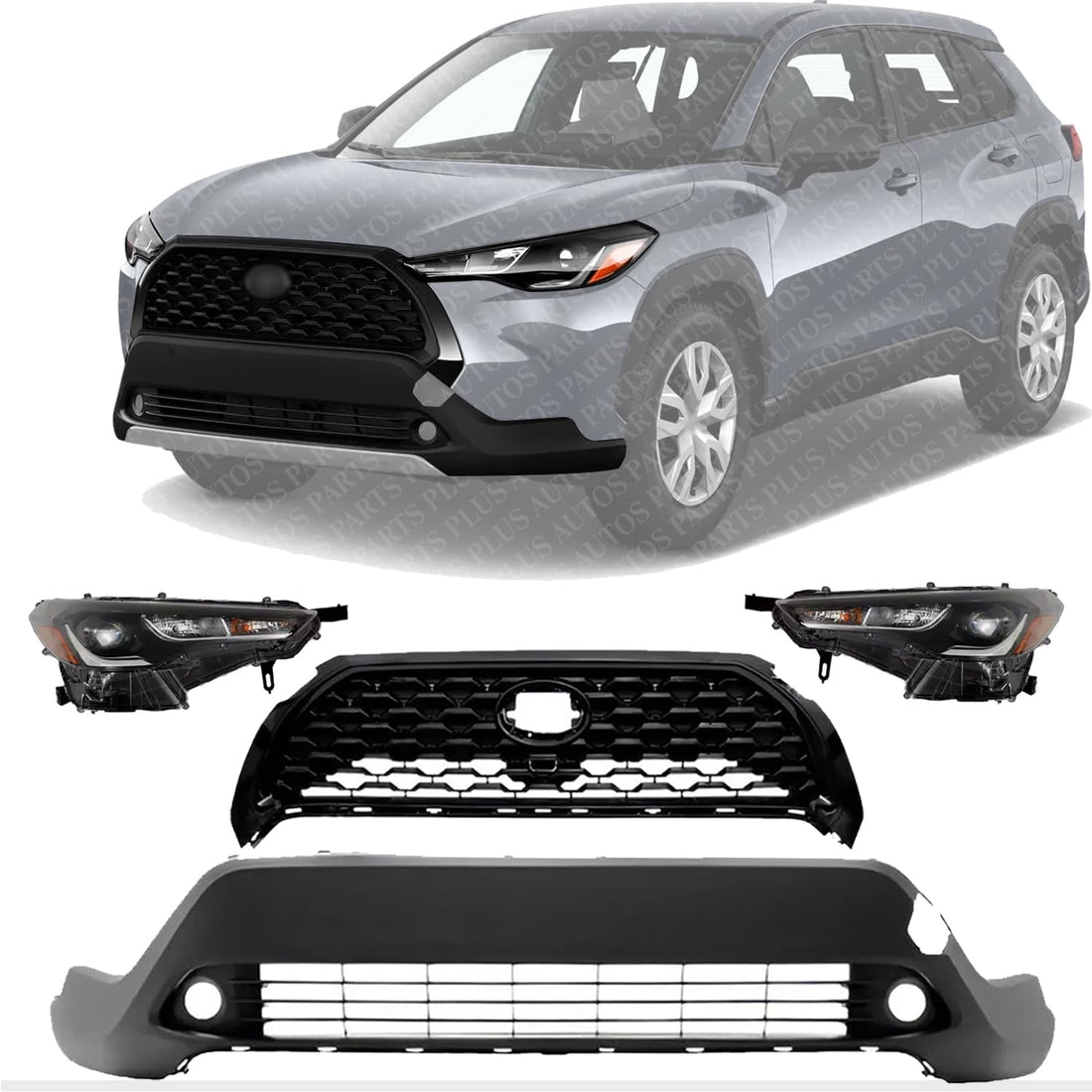 Front Bumper Cover Primed + Upper Grille Mesh Black + Headlight Assembly Left Driver & Right Passenger Side Direct Replacement Compatible With 2022-2023 Toyota Corolla Cross XLE