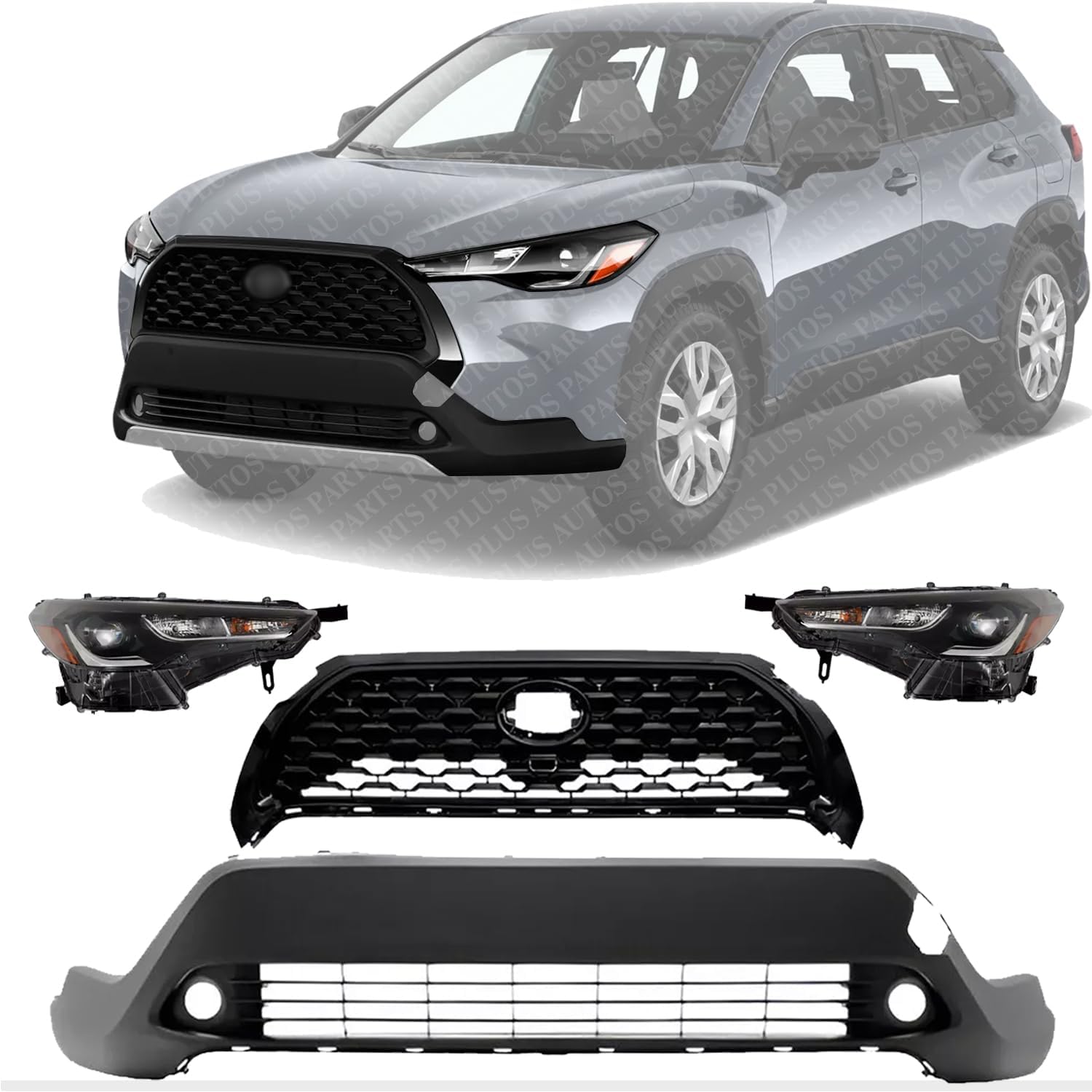 Front Bumper Cover Primed + Upper Grille Mesh Black + Headlight Assembly Left Driver & Right Passenger Side Direct Replacement Compatible With 2022-2023 Toyota Corolla Cross XLE