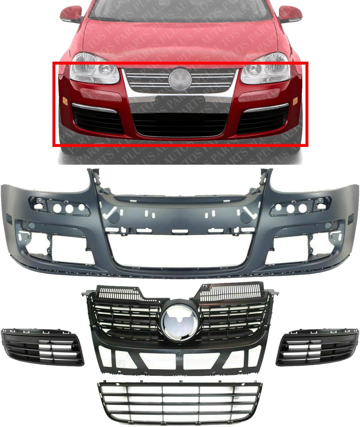 Front Bumper Cover Primed + Upper & Lower Grille + Fog Light Cover Left Driver & Right Passenger Side Direct Replacement Compatible With 2005-2010 Volkswagen Jetta VW1200139