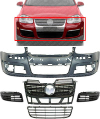 Front Bumper Cover Primed + Upper & Lower Grille + Fog Light Cover Left Driver & Right Passenger Side Direct Replacement Compatible With 2005-2010 Volkswagen Jetta VW1200139
