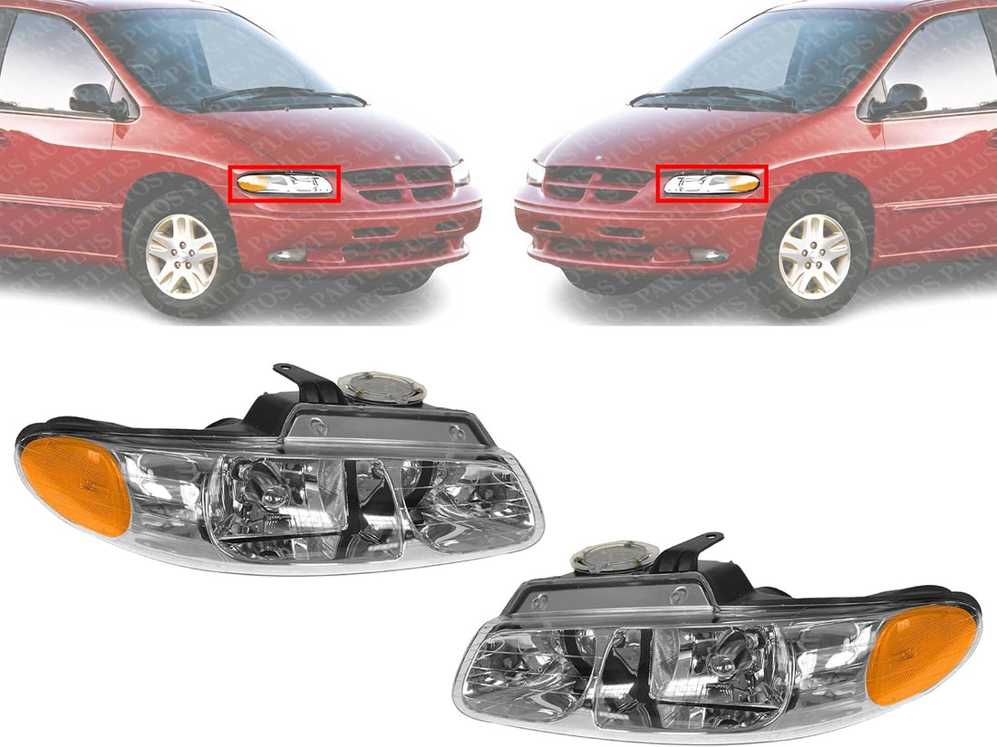 Set Of 2 Front Headlight Assembly With Quad Lamp Right & Left Side Direct Replacement Compatible With 1996-1999 Dodge Caravan/Chrysler Town & Country/Plymouth Voyager CH2502114