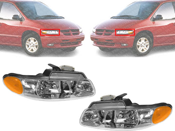Set Of 2 Front Headlight Assembly With Quad Lamp Right & Left Side Direct Replacement Compatible With 1996-1999 Dodge Caravan/Chrysler Town & Country/Plymouth Voyager CH2502114