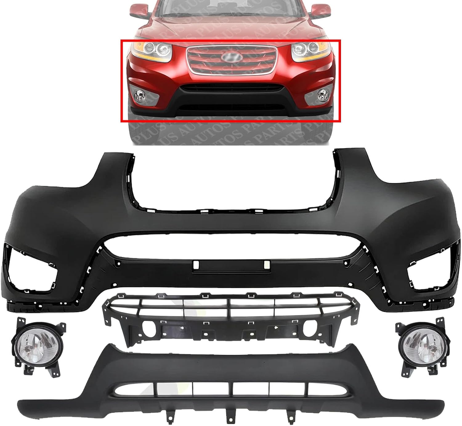 Front Bumper Cover Primed Plastic + Lower Valance + Grille + Fog Lights Left Driver & Right Passenger Side Direct Replacement Compatible With 2010-2012 Hyundai Santa Fe