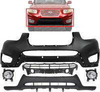 Front Bumper Cover Primed Plastic + Lower Valance + Grille + Fog Lights Left Driver & Right Passenger Side Direct Replacement Compatible With 2010-2012 Hyundai Santa Fe