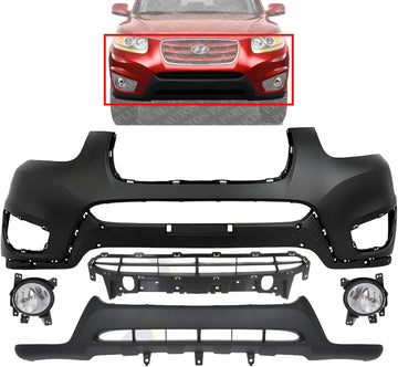 Front Bumper Cover Primed Plastic + Lower Valance + Grille + Fog Lights Left Driver & Right Passenger Side Direct Replacement Compatible With 2010-2012 Hyundai Santa Fe