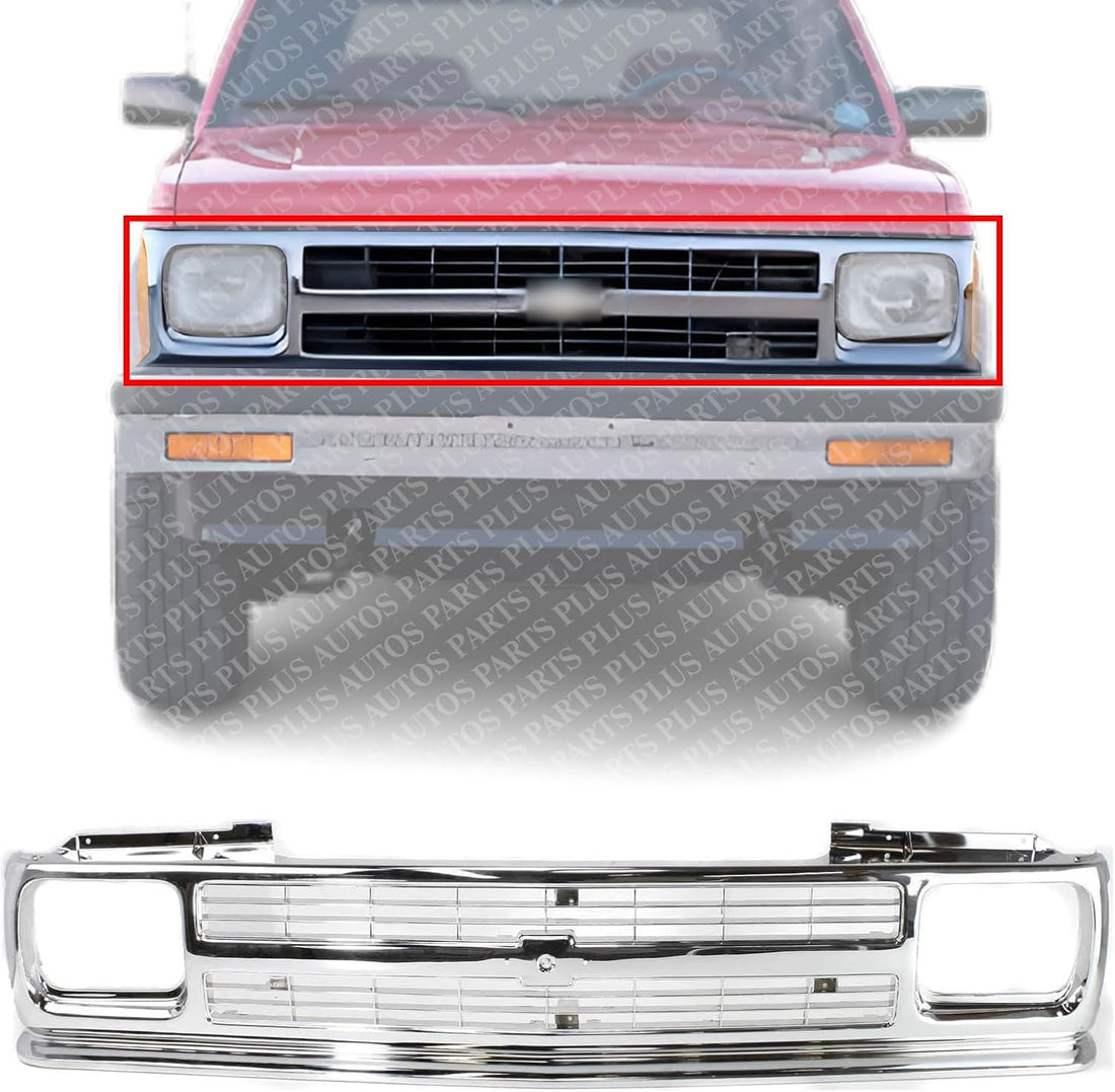 Front Grille Assembly Chrome With Headlight Holes And Emblem Provision Direct Replacement Compatible With 1991-1994 Chevrolet S10 Blazer / 1991-1993 S10-Pickup GM1200491 15675049-PFM