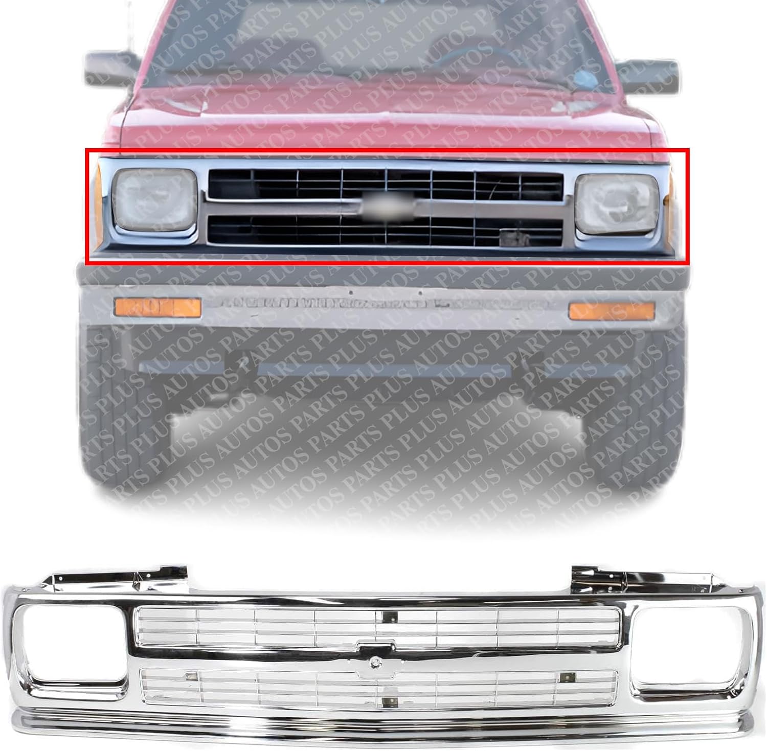 Front Grille Assembly Chrome With Headlight Holes And Emblem Provision Direct Replacement Compatible With 1991-1994 Chevrolet S10 Blazer / 1991-1993 S10-Pickup GM1200491 15675049-PFM