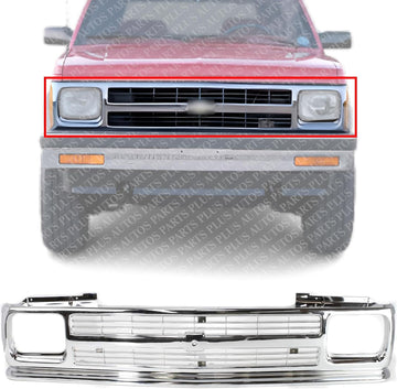 Front Grille Assembly Chrome With Headlight Holes And Emblem Provision Direct Replacement Compatible With 1991-1994 Chevrolet S10 Blazer / 1991-1993 S10-Pickup GM1200491 15675049-PFM
