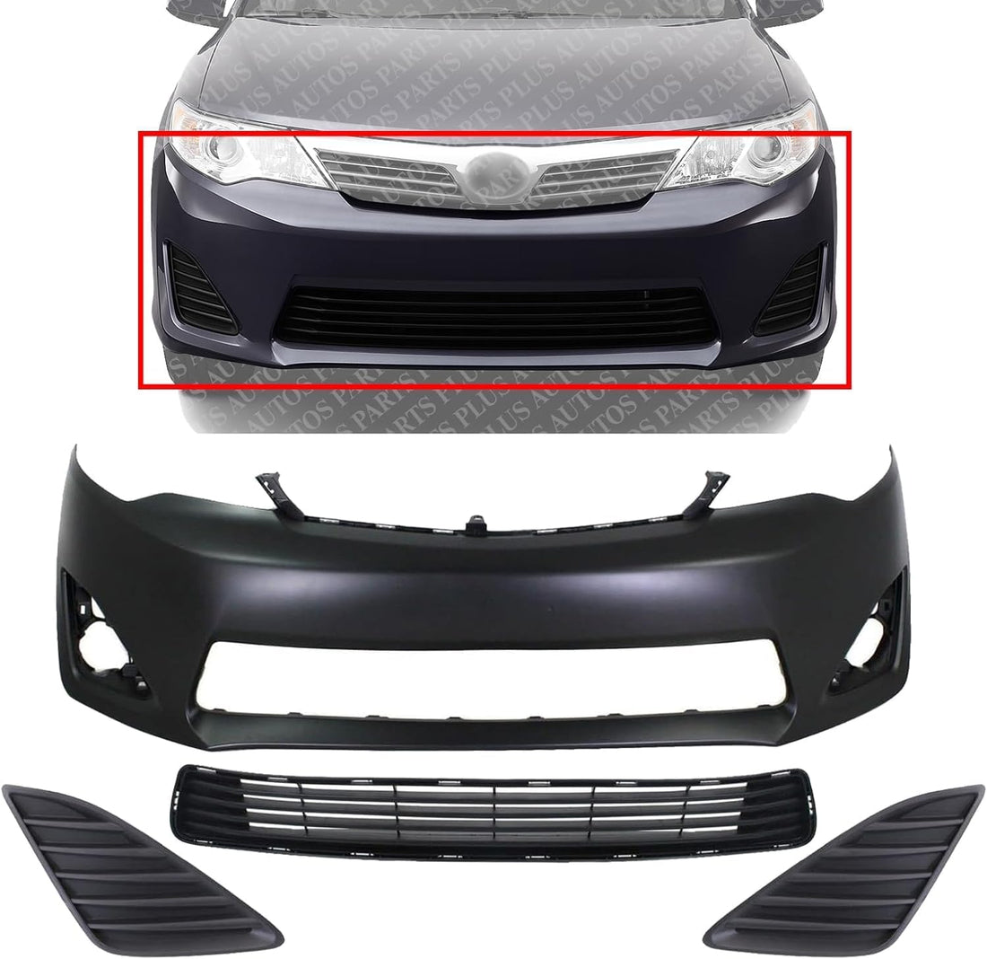 AUTOS PARTS PLUS Front Bumper Cover Primed + Lower Grille + Fog Light Cover Set Textured Right Passenger & Left Driver Side Direct Replacement Compatible With 2012-2014 Toyota Camry TO1036128