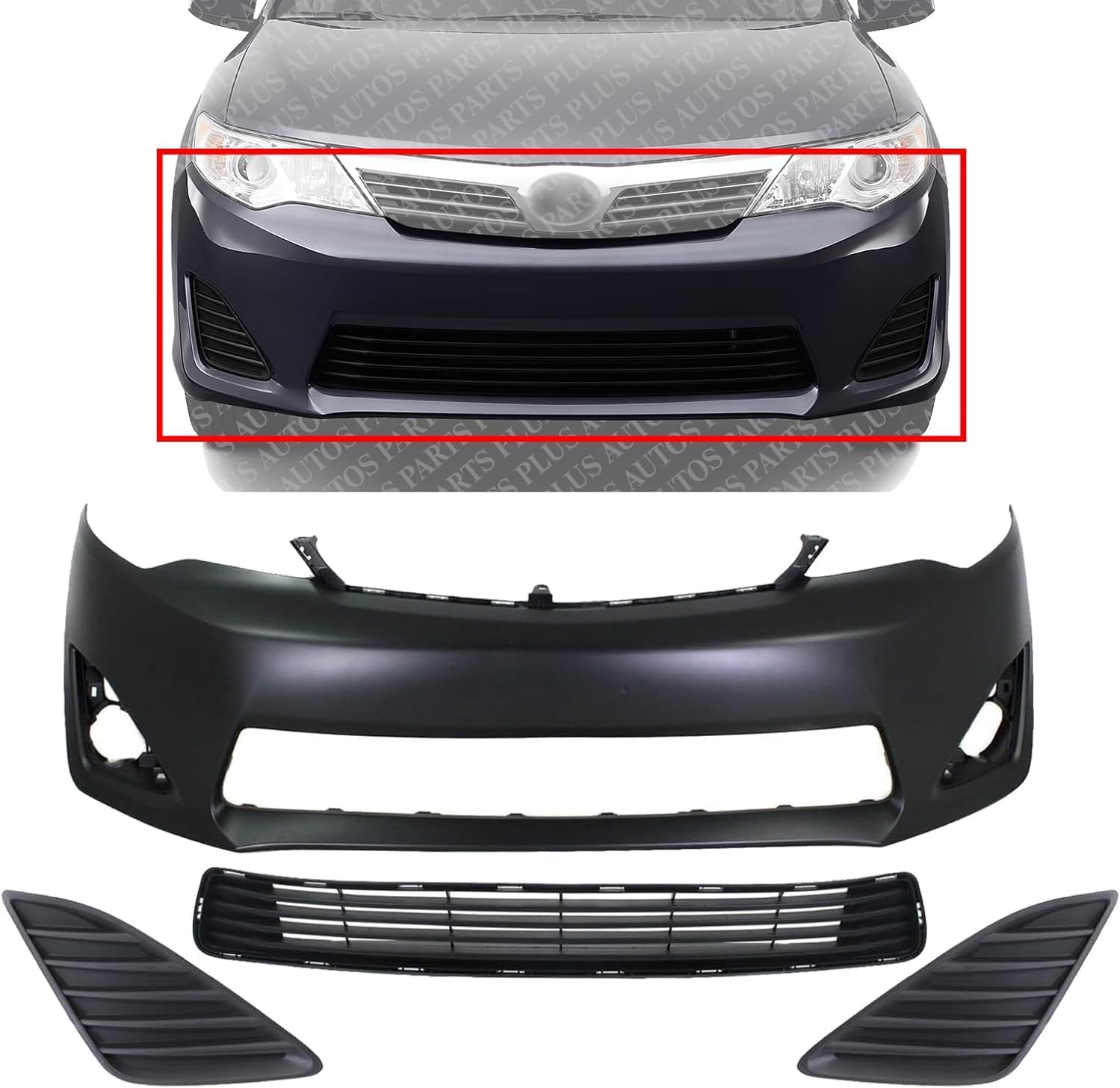 AUTOS PARTS PLUS Front Bumper Cover Primed + Lower Grille + Fog Light Cover Set Textured Right Passenger & Left Driver Side Direct Replacement Compatible With 2012-2014 Toyota Camry TO1036128