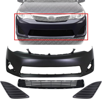 AUTOS PARTS PLUS Front Bumper Cover Primed + Lower Grille + Fog Light Cover Set Textured Right Passenger & Left Driver Side Direct Replacement Compatible With 2012-2014 Toyota Camry TO1036128